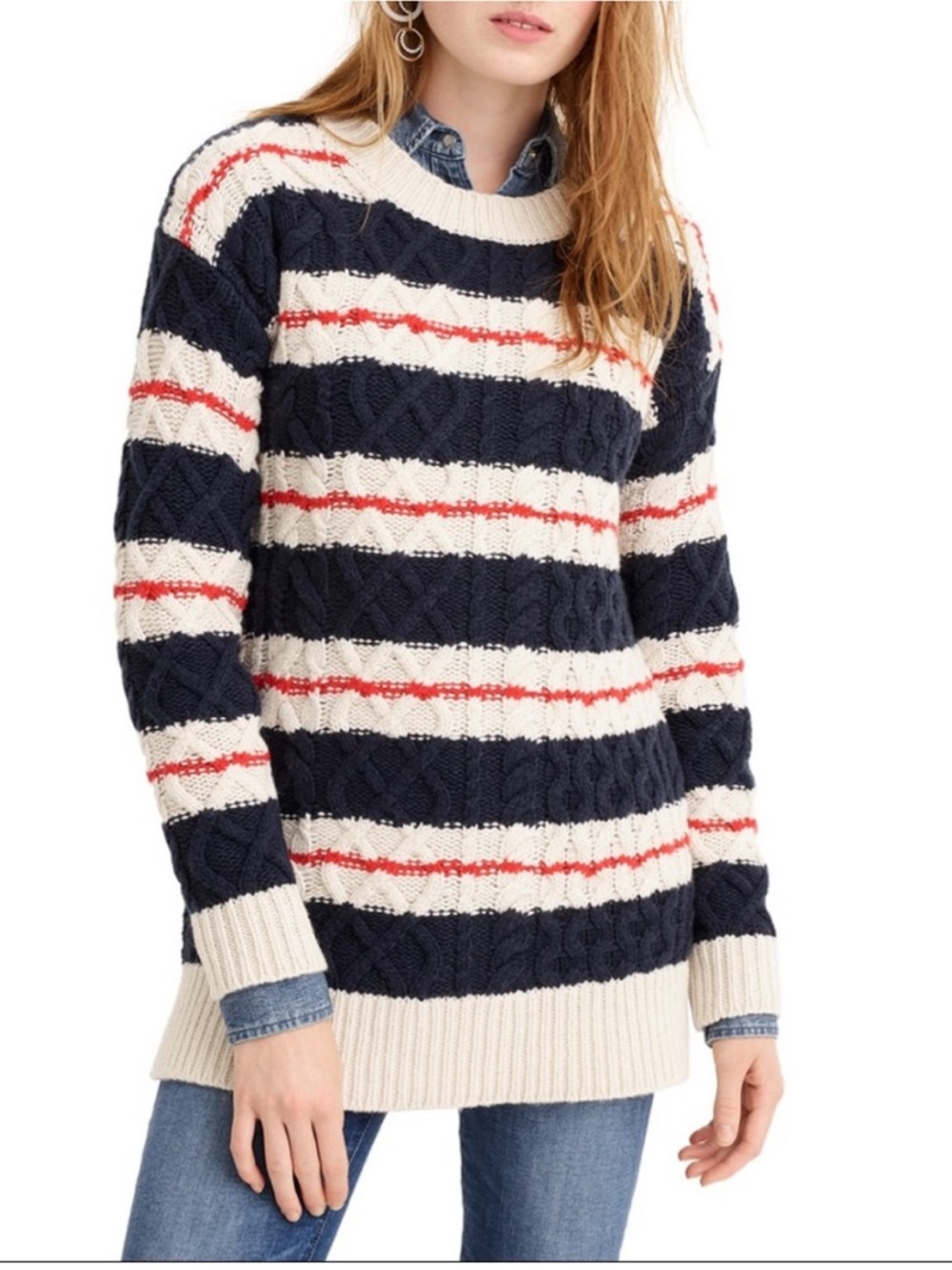 J. CREW Gabby Striped Cable-Knit Wool-Blend Sweater